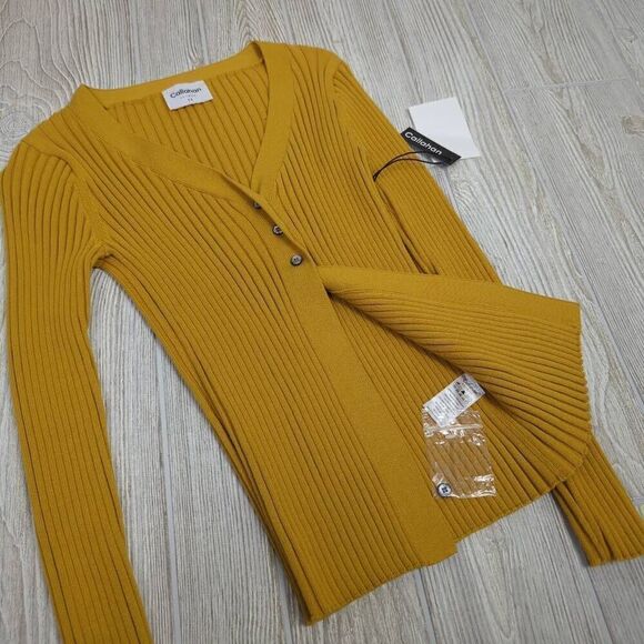 Callahan Knitwear Women’s XS Yellow Rib Knit Button Down Cardigan Sweater NWT - Picture 3 of 8